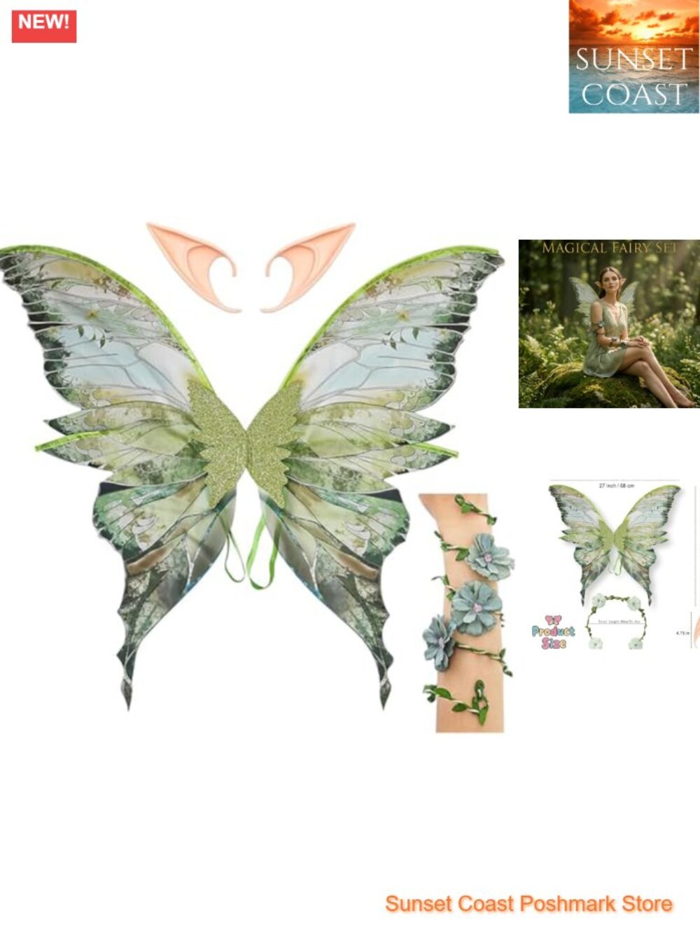 Fairy Costume Set Adults Wings Elf Ears Flower Arm Wrap Cosplay